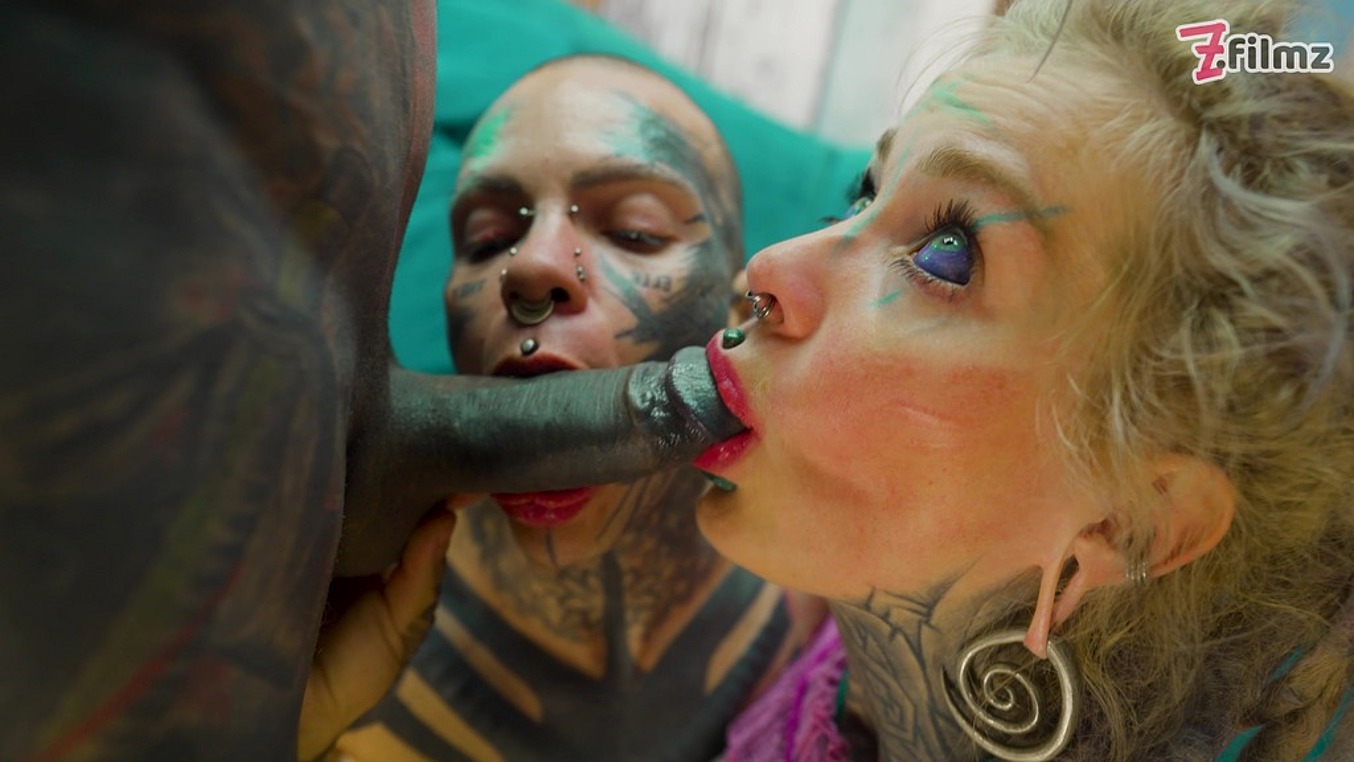 Z Filmz Trans Dark Leaves first time porn with Heavily tattooed couple. ATM, Facial, scene screenshot